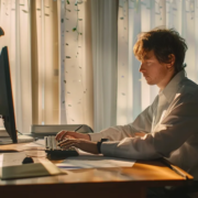 a person is sitting at a desk, typing on a computer and working on a government resume in omaha.