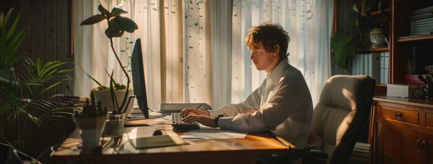a person is sitting at a desk, typing on a computer and working on a government resume in omaha.